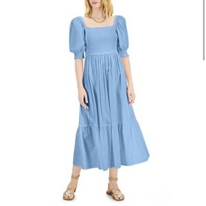 NEW INC Light Blue Puff Sleeve Smocked Dress